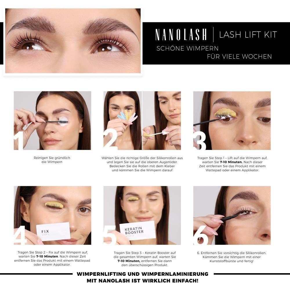 Étapes d'instructions pour la stratification des cils. Texte : NANOLASH LASH LIFT KIT.
