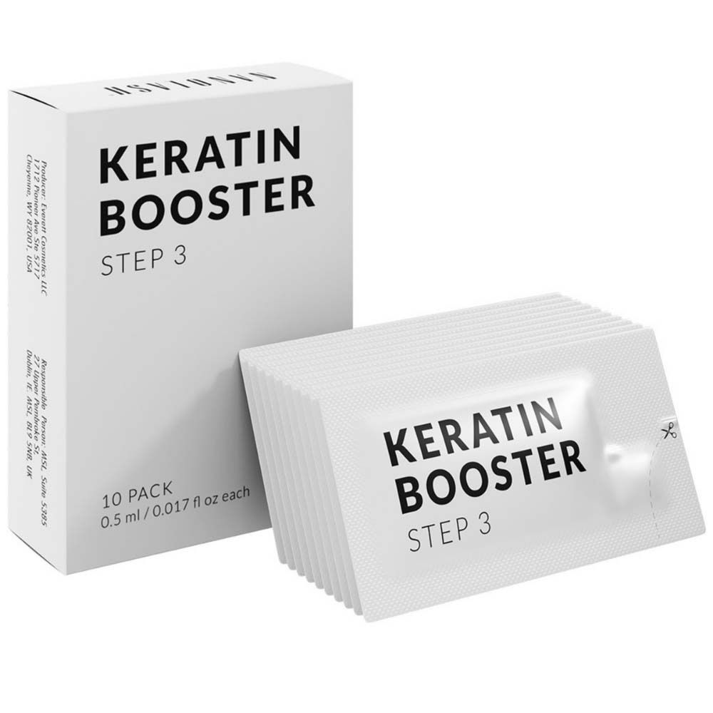 Keratin Booster Step 3. Witte verpakking met 10 sachets. Opschrift: Keratin Booster, Step 3.