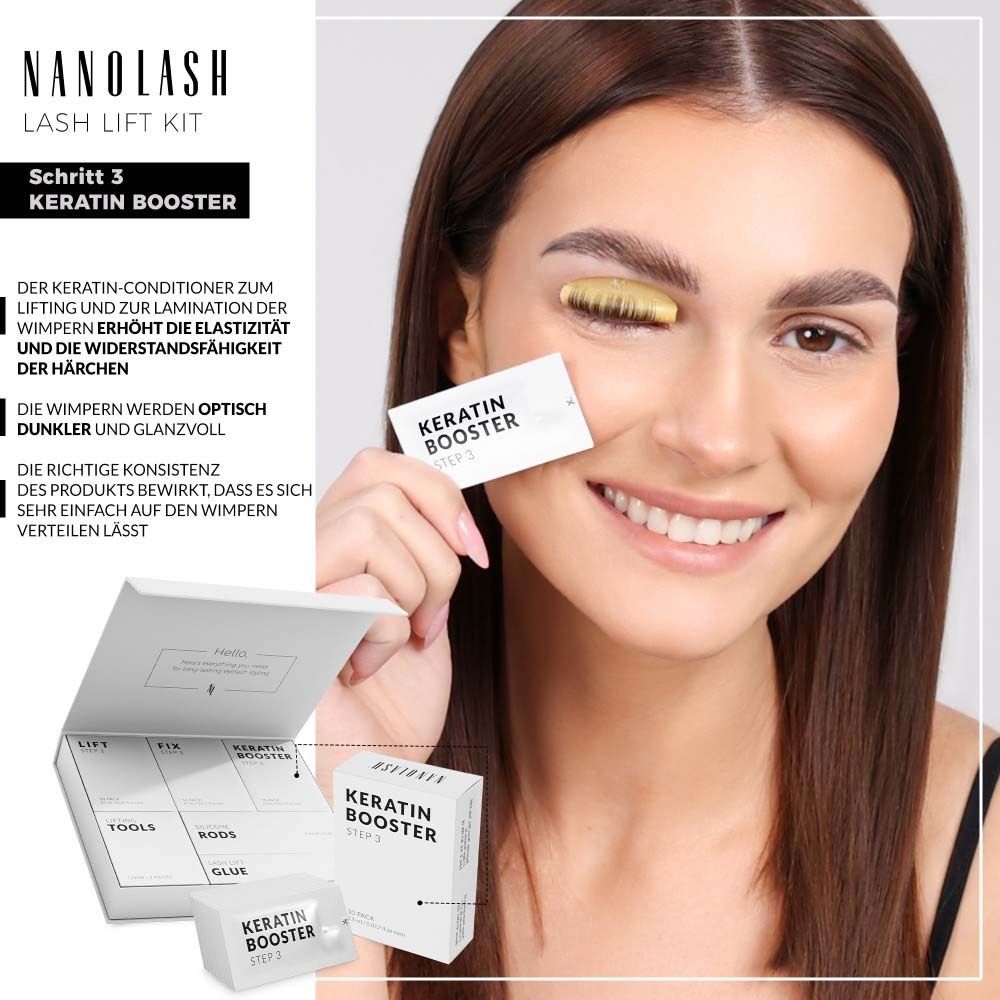 Vrouw met Keratin Booster. NANOLASH Lash Lift Kit. Step 3 Keratin Booster. Enkele sachet. Tekst: Donkerdere en glanzende wimpers.