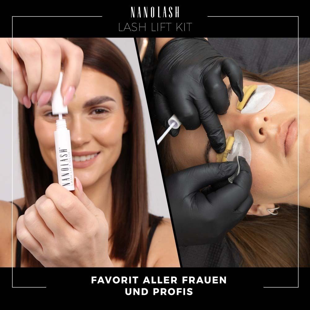 Une femme tient un flacon de colle NANOLASH. Une autre femme reçoit une lamination des cils. LASH LIFT GLUE est écrit sur le flacon.