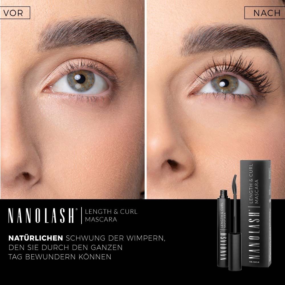 Voor-en-na vergelijking. Ogen met en zonder mascara. NANOLASH Length & Curl Mascara. Tekst.