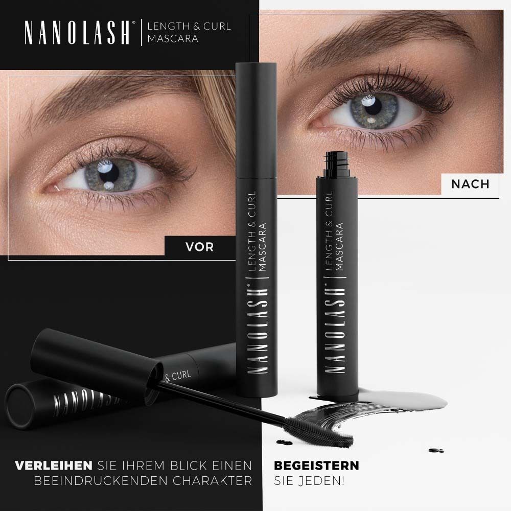 Voor-en-na vergelijking. Ogen met en zonder mascara. NANOLASH Length & Curl Mascara. Tekst.