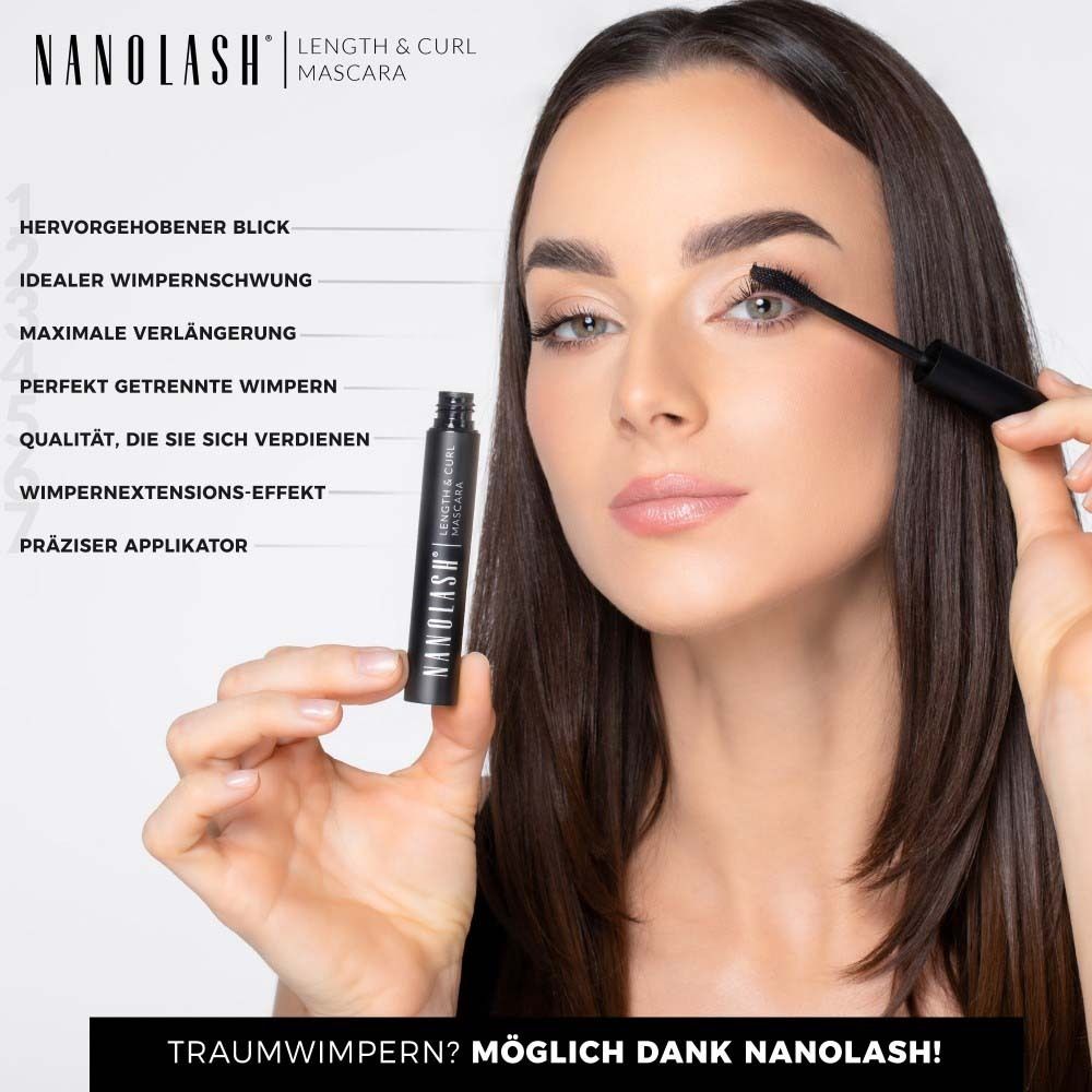Vrouw houdt mascara tube vast. Opschrift: NANOLASH Length & Curl Mascara. Tekst.