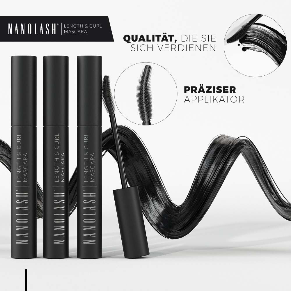 Meerdere mascara tubes en borstel. Opschrift: NANOLASH Length & Curl Mascara. Tekst.