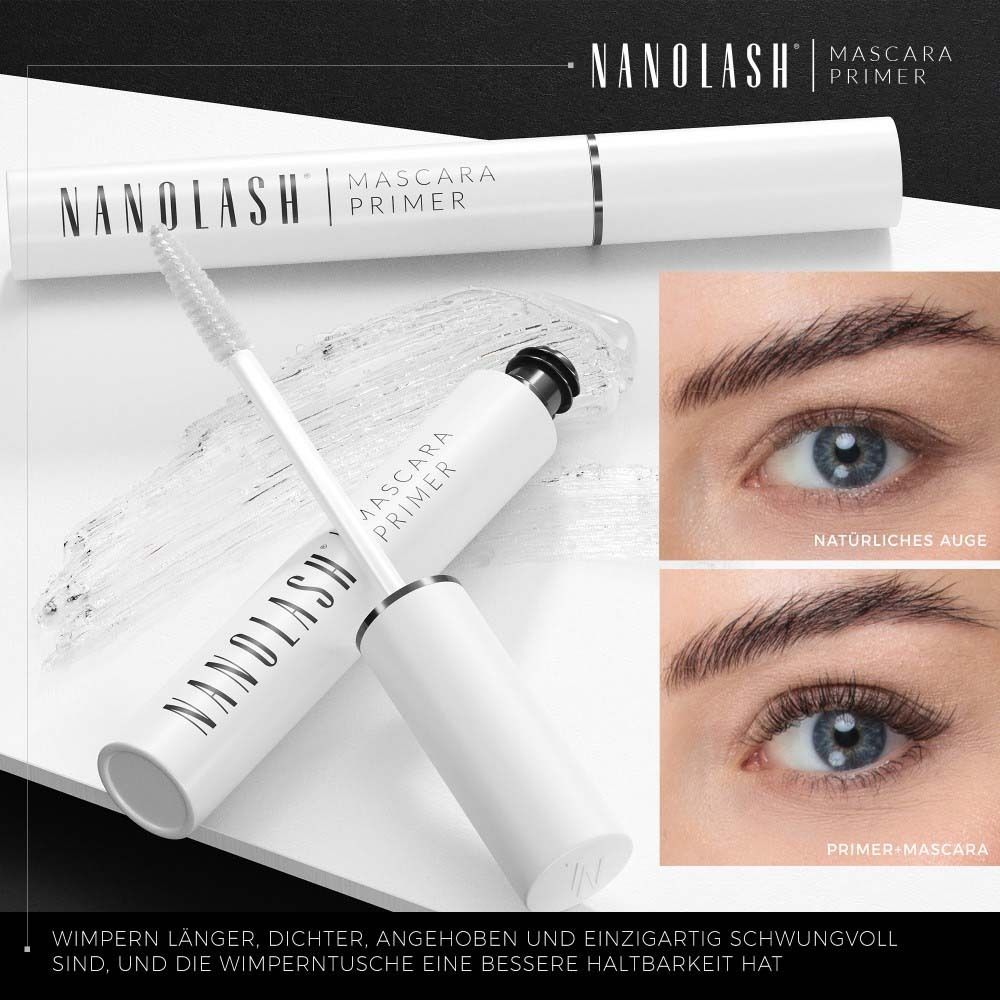 Mascara primer met borstel en oogvoorbeelden. Opschrift: NANOLASH, Mascara Primer. Tekst: Langere, dichtere wimpers.