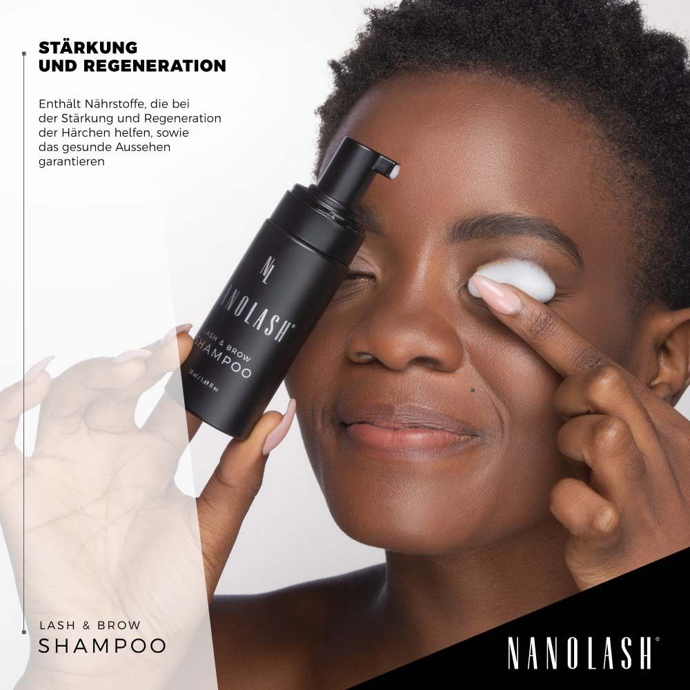 Femme appliquant le produit sur l'œil. Flacon noir avec "NANOLASH" et "LASH & BROW SHAMPOO".
