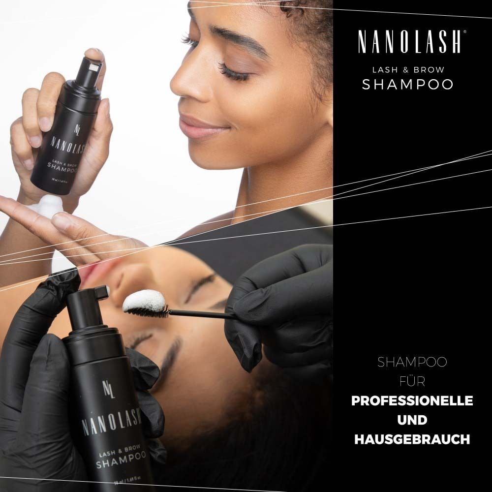 Deux femmes, l'une tenant un flacon noir avec "NANOLASH" et "LASH & BROW SHAMPOO".