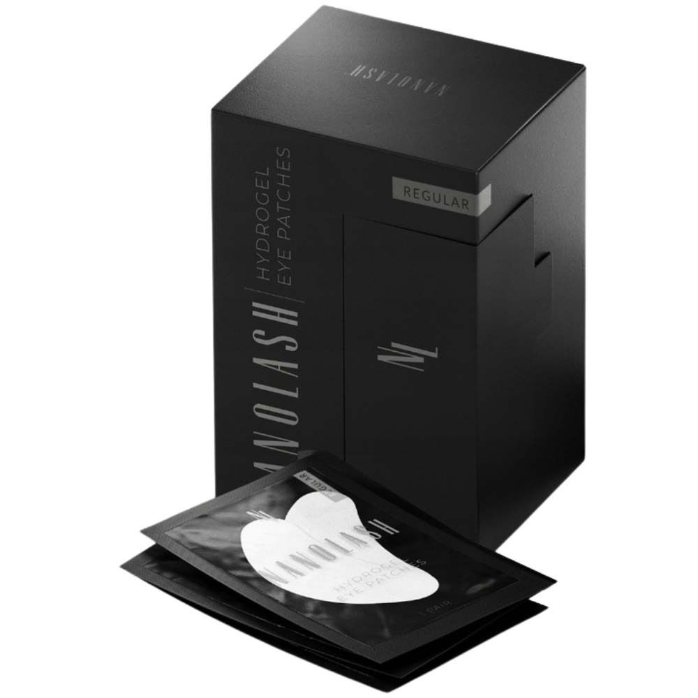 Emballage noir avec patchs pour les yeux et logo. Paquets individuels de patchs pour les yeux à côté.