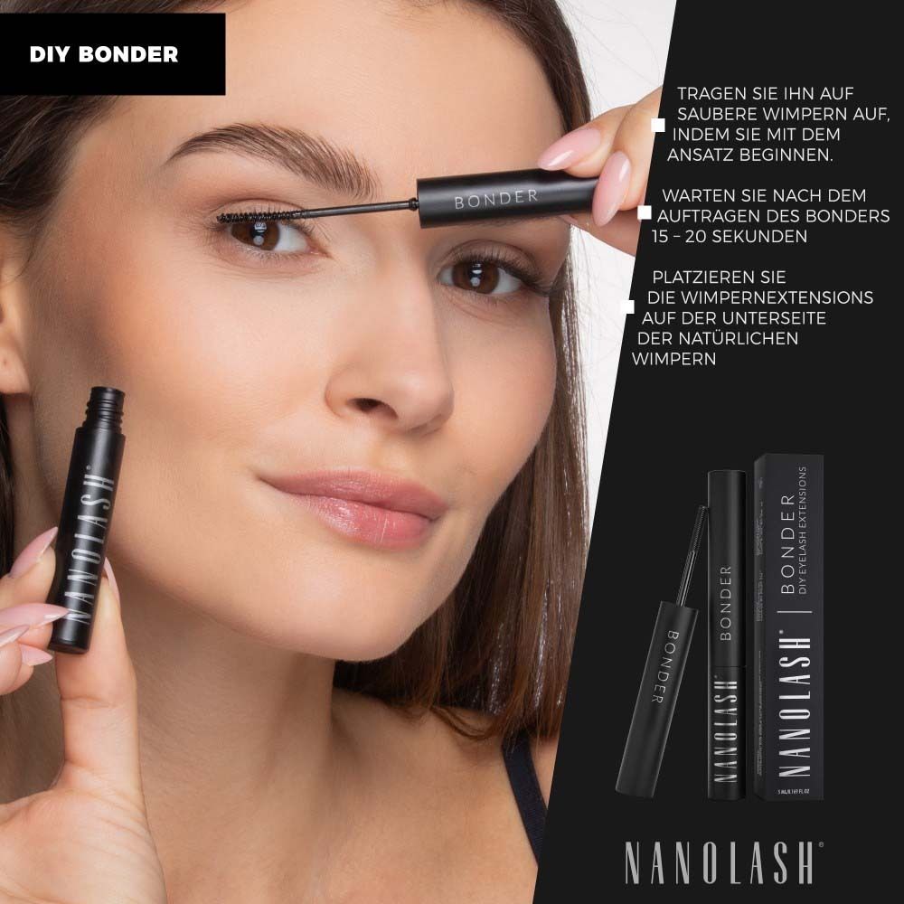 Une femme applique du Bonder sur ses cils. Applicateur noir avec inscription "BONDER".