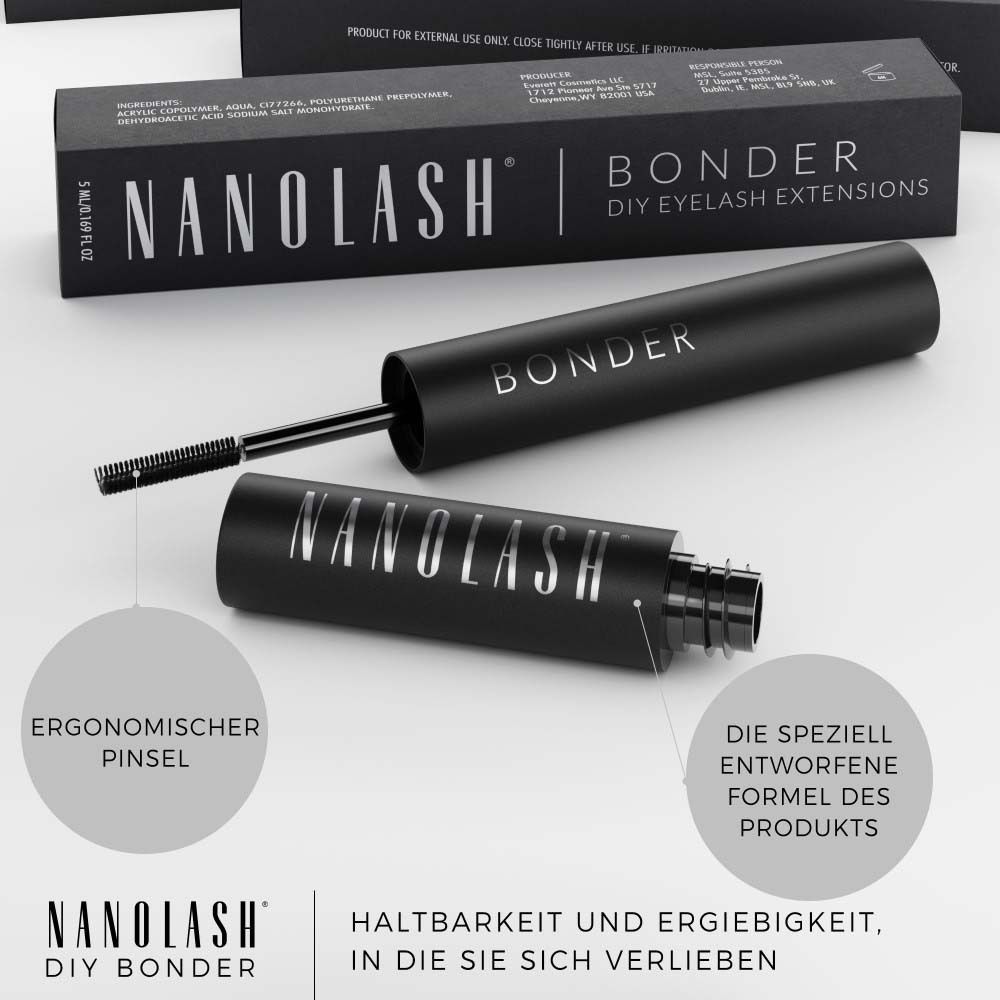 Nanolash Bonder pour extensions de cils DIY. Applicateur noir avec brosse et contenant.