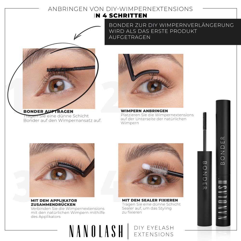Instructions pour extensions de cils DIY : appliquer le bonder, fixer les cils, presser avec l'applicateur, fixer avec le scellant. Contient bonder et scellant.