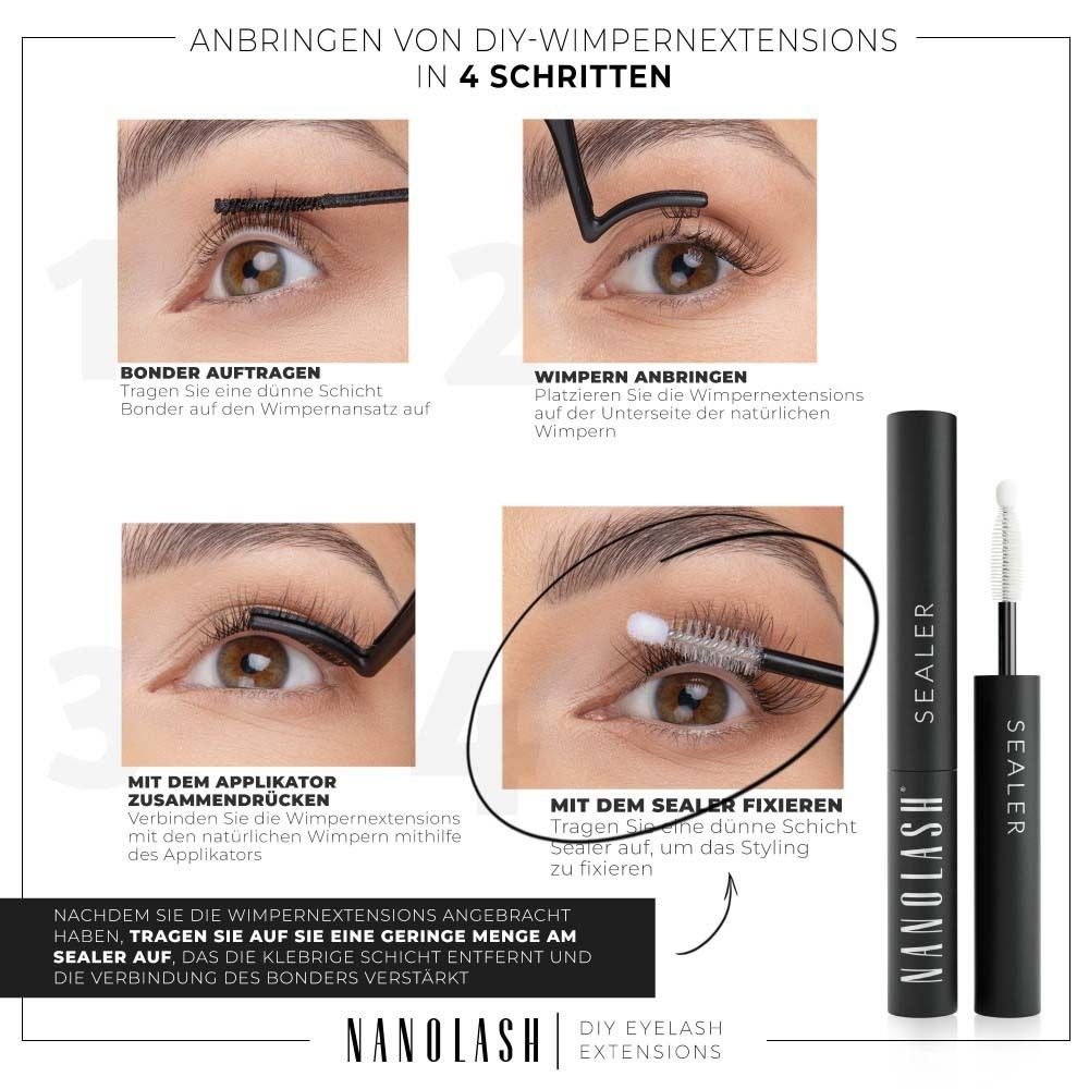 Guide en 4 étapes pour l'application d'extensions de cils DIY avec bonder, applicateur et scellant.