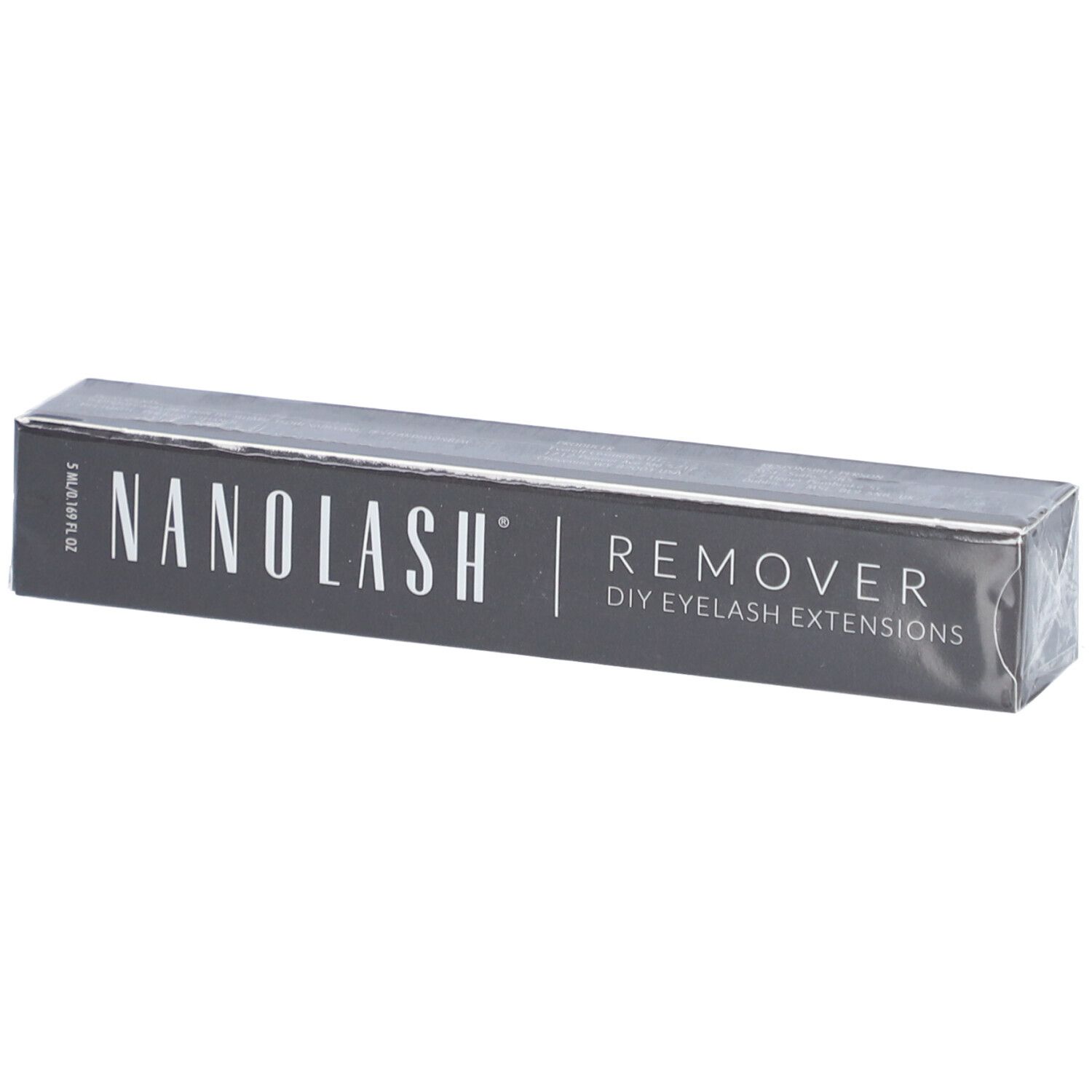Grijze doos met "NANOLASH REMOVER DIY EYELASH EXTENSIONS". Verpakt in plastic.