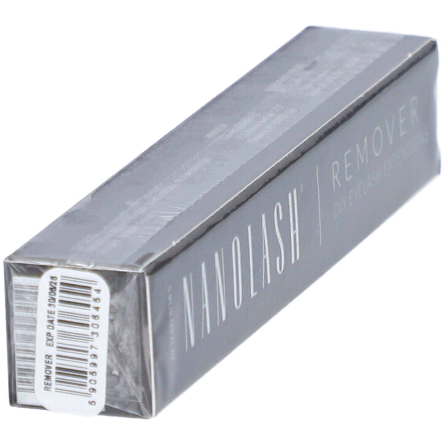 Grijze doos met barcode en opschrift. "NANOLASH REMOVER DIY EYELASH EXTENSIONS".