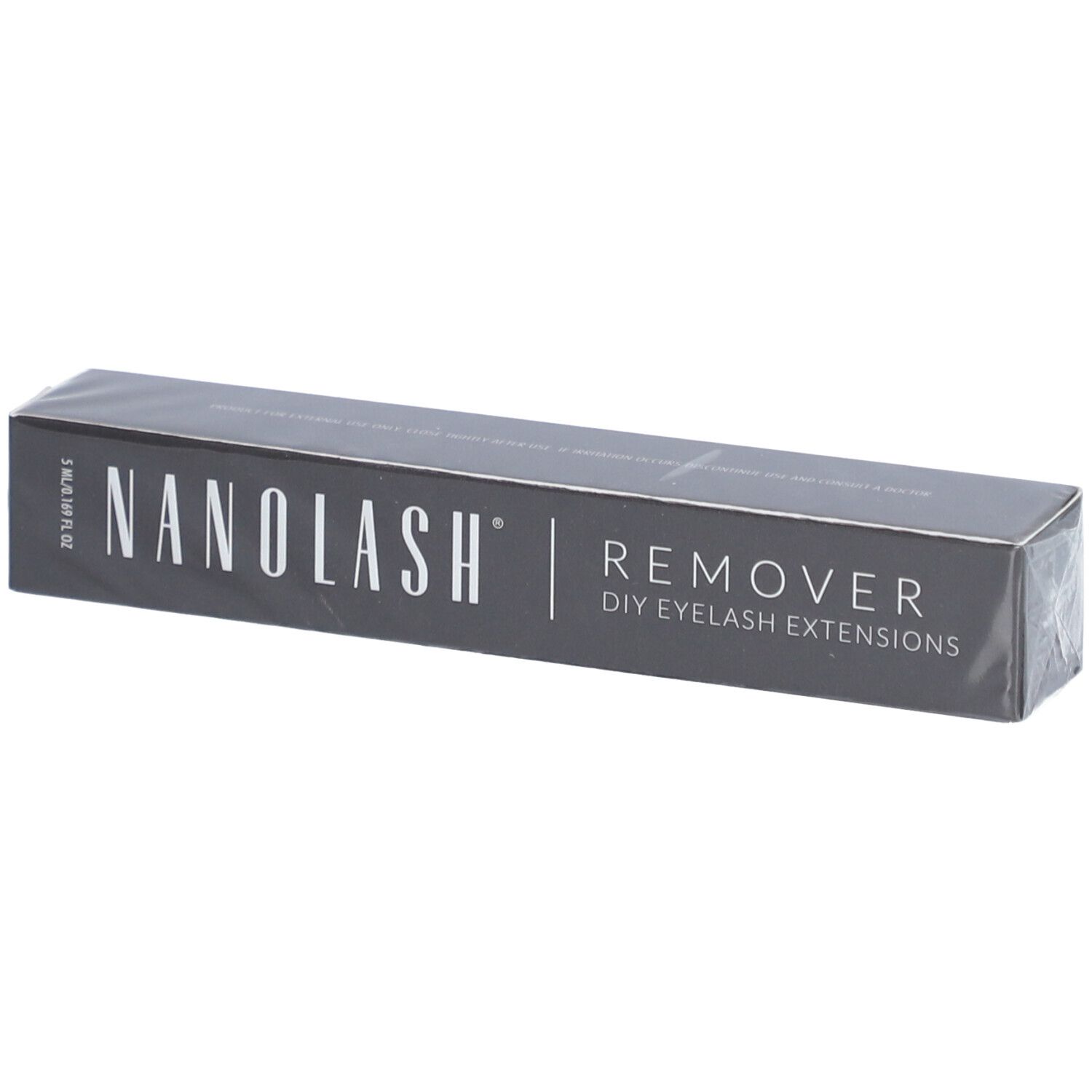 Grijze doos met "NANOLASH REMOVER DIY EYELASH EXTENSIONS". Verpakt in plastic.