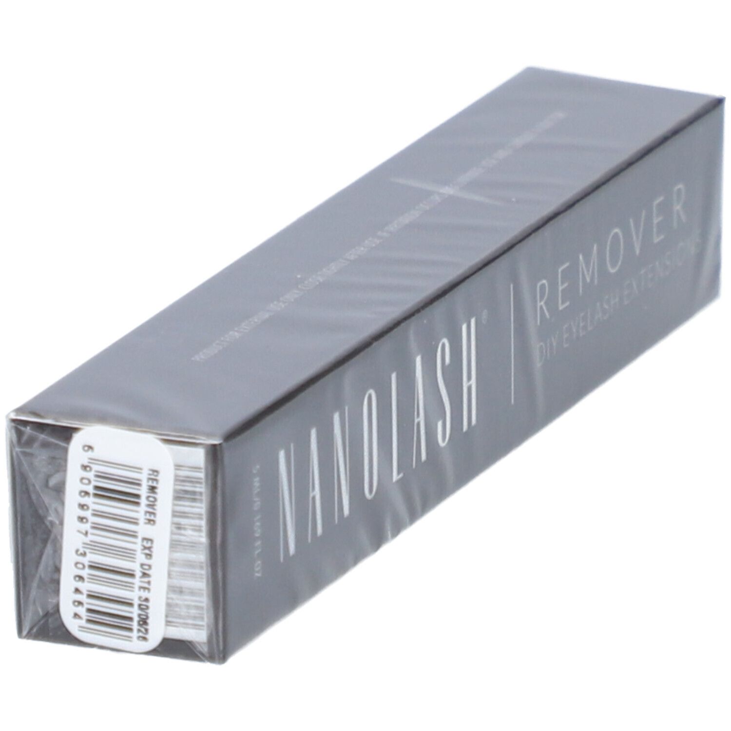Grijze doos met barcode en opschrift. "NANOLASH REMOVER DIY EYELASH EXTENSIONS".