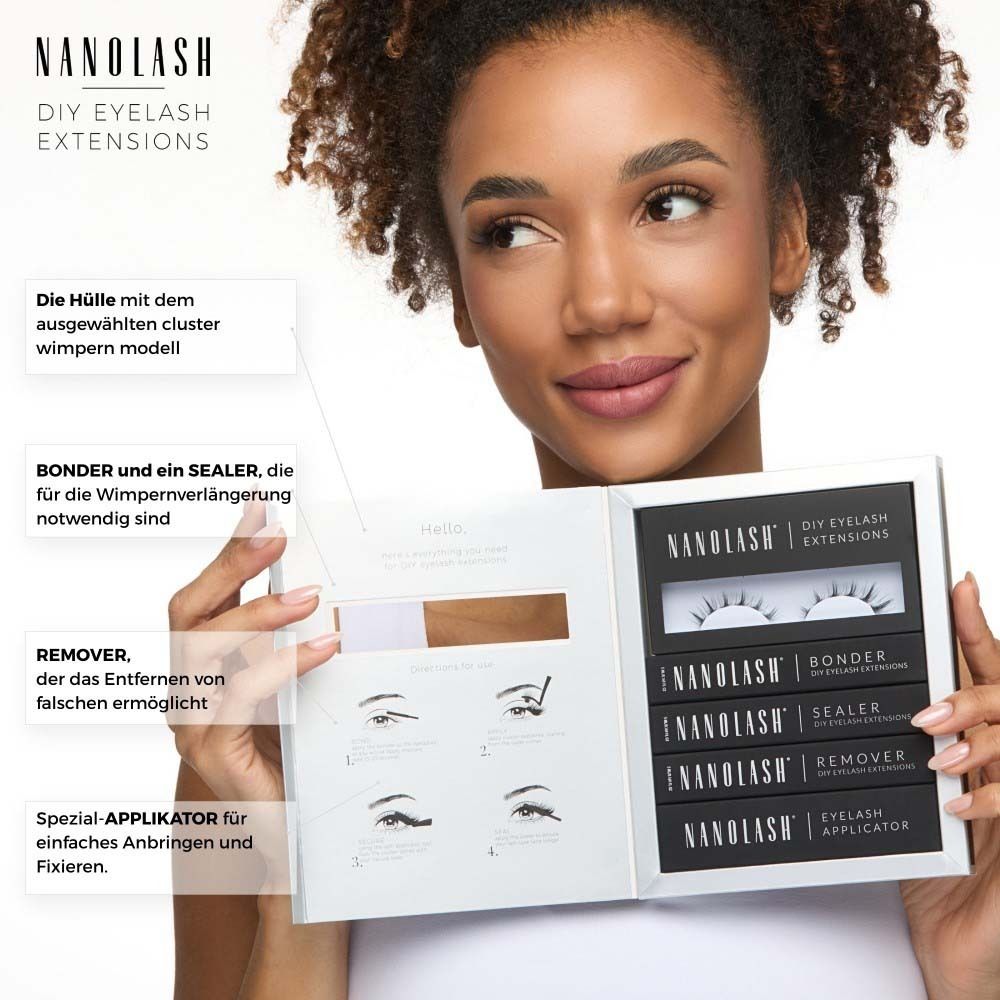 Vrouw houdt NANOLASH Fantasy Etui vast. Bevat wimpers, bonder, sealer, remover en applicator. Gebruiksaanwijzing zichtbaar.