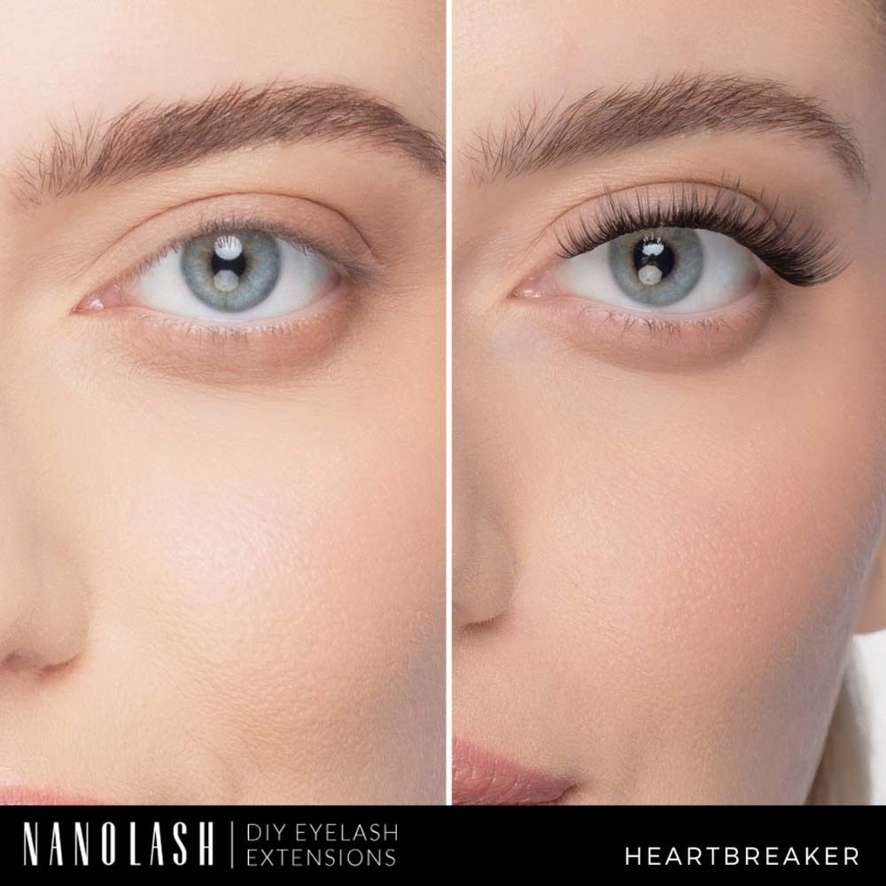 Comparaison avant-après. Œil gauche sans extensions de cils, œil droit avec. Logo NANOLASH et nom du produit HEARTBREAKER.