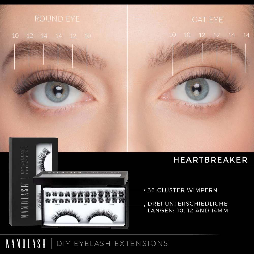 Emballage du produit avec cils et accessoires. 36 cils en grappes. Trois longueurs : 10, 12 et 14 mm. Logo NANOLASH et HEARTBREAKER.