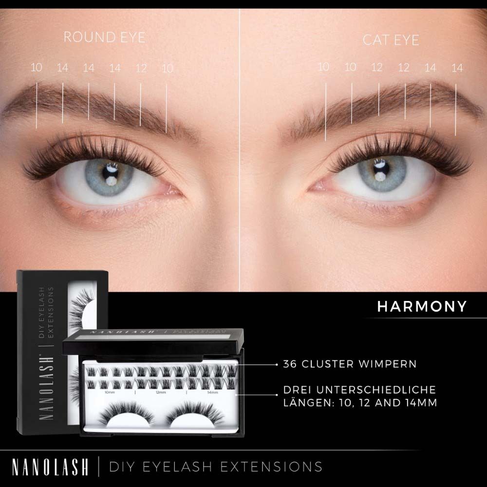 Nanolash DIY wimperverlengingskit met 36 clusters in de lengtes 10, 12 en 14 mm.