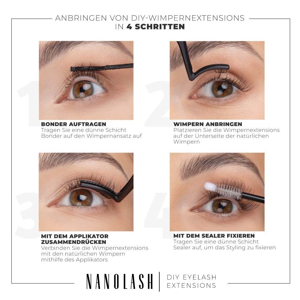 Vier stappen voor het aanbrengen van doe-het-zelf wimperextensions: primer aanbrengen, wimpers plaatsen, samenknijpen met applicator, fixeren met sealer. Merk: Nanoleash.
