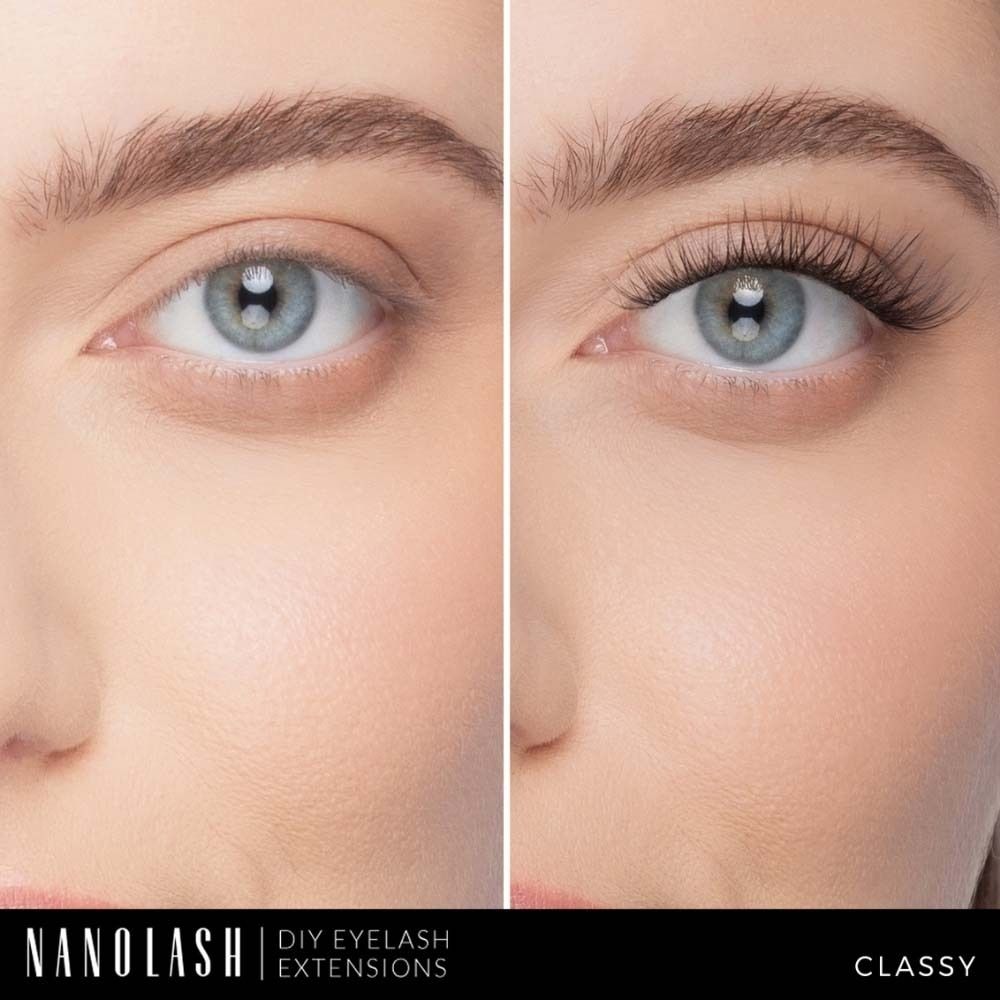Close-up van een oog voor en na het aanbrengen van wimperextensions. Merk NANOLASH, DIY EYELASH EXTENSIONS, CLASSY.
