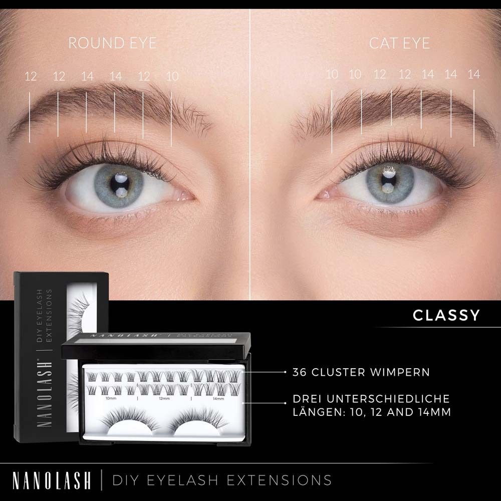 Close-up van ogen met wimperextensions. Productverpakking met 36 clusterwimpers. Merk NANOLASH, DIY EYELASH EXTENSIONS, CLASSY.