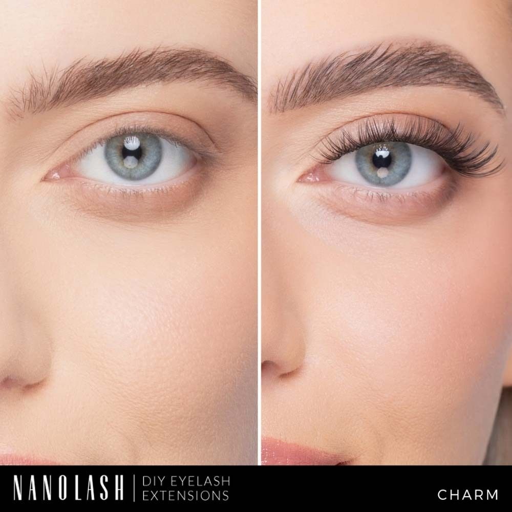 Voor-en-na vergelijking: een oog zonder en met NANOLASH wimperverlenging. Productnaam: CHARM.
