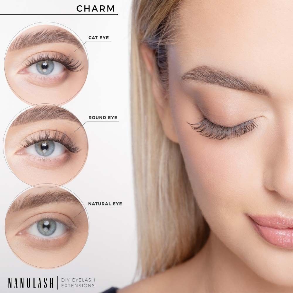 Drie oogvormen met NANOLASH wimperverlengingen: Cat Eye, Round Eye, Natural Eye. Productnaam: CHARM.