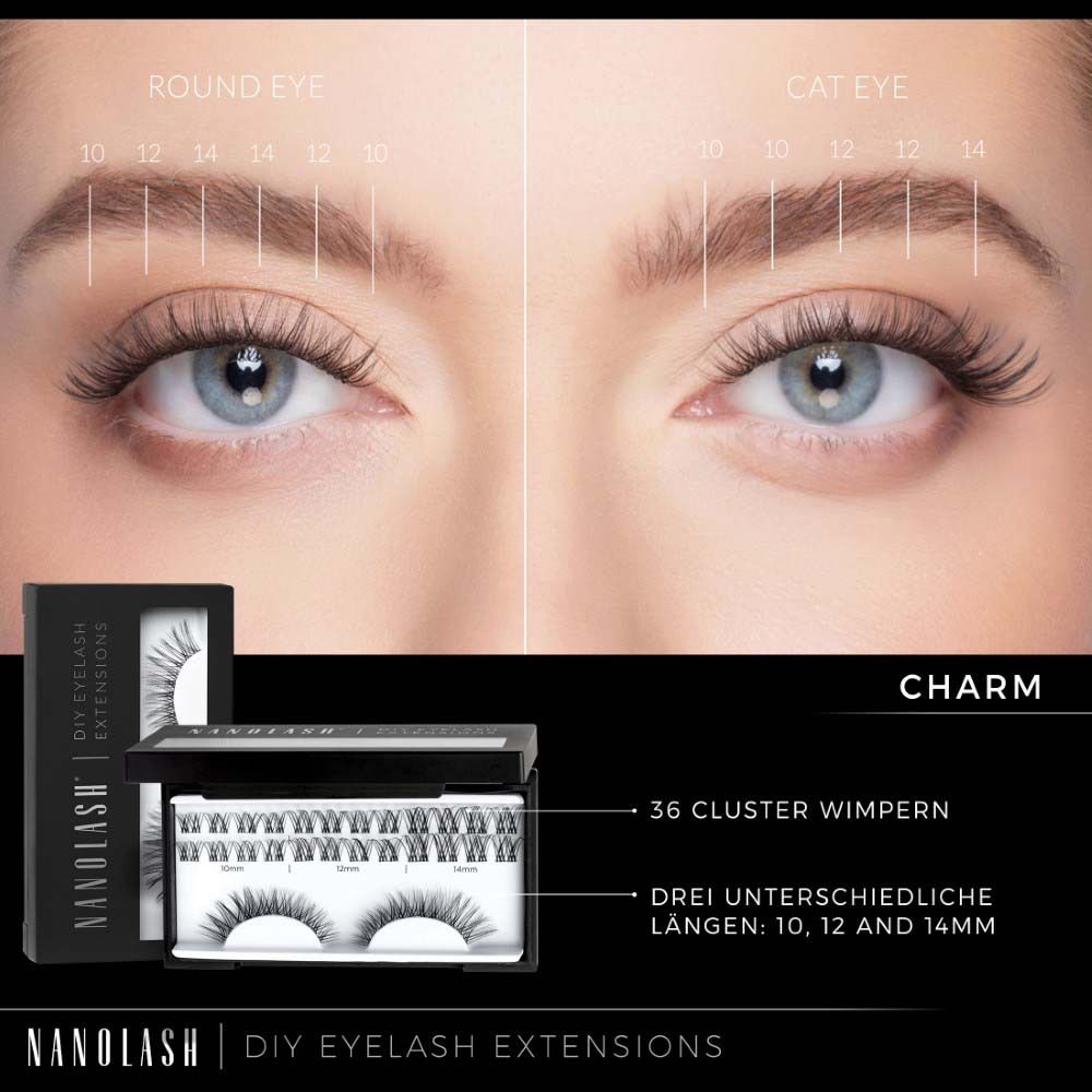 NANOLASH Etui mit Charme. Bevat 36 clusterwimpers in 3 lengtes. Productnaam: CHARM.