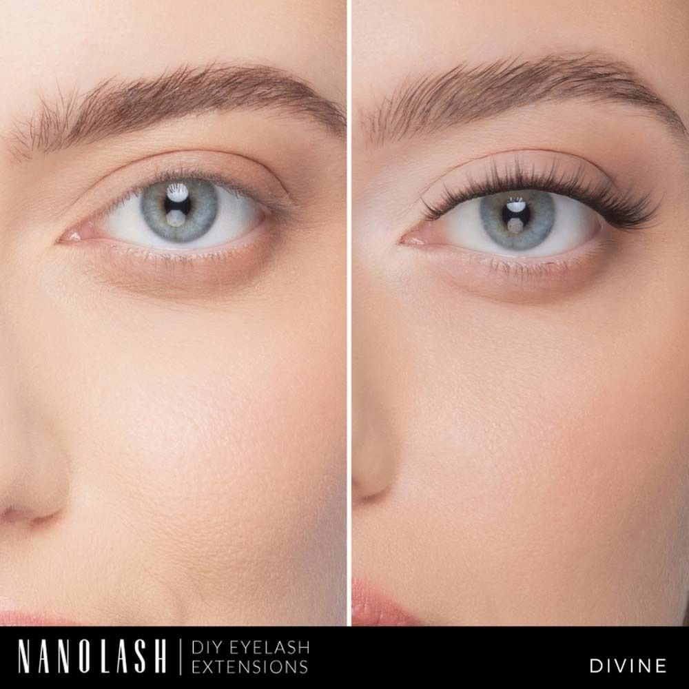 Voor-en-na vergelijking. Linkeroog: zonder wimperextensions. Rechteroog: met NANOLASH wimperextensions.
