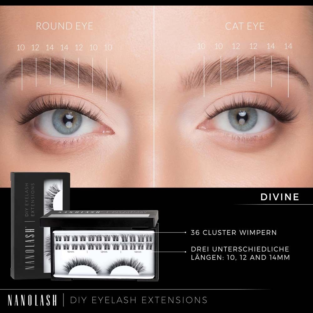 NANOLASH Divine Etui. Bevat 36 clusterwimpers in 3 lengtes. Verpakking met productinformatie.