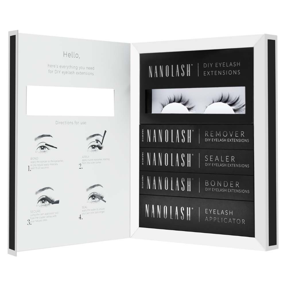 Étui NANOLASH Flirty. Contient cils, démaquillant, scellant, liant et applicateur. Emballage noir avec cadre blanc et nom du produit.