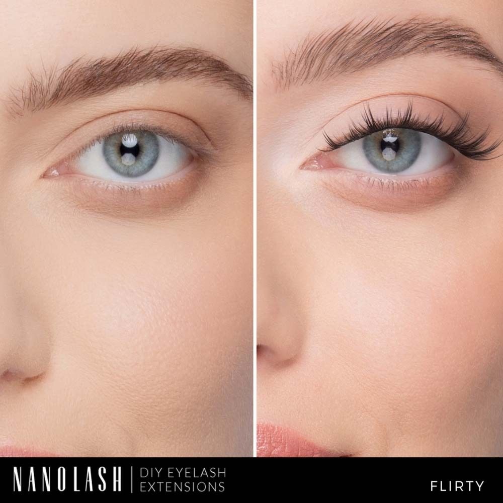 Comparaison avant-après. Un œil sans extensions de cils, l'autre avec. Nom du produit NANOLASH et DIY EYELASH EXTENSIONS.