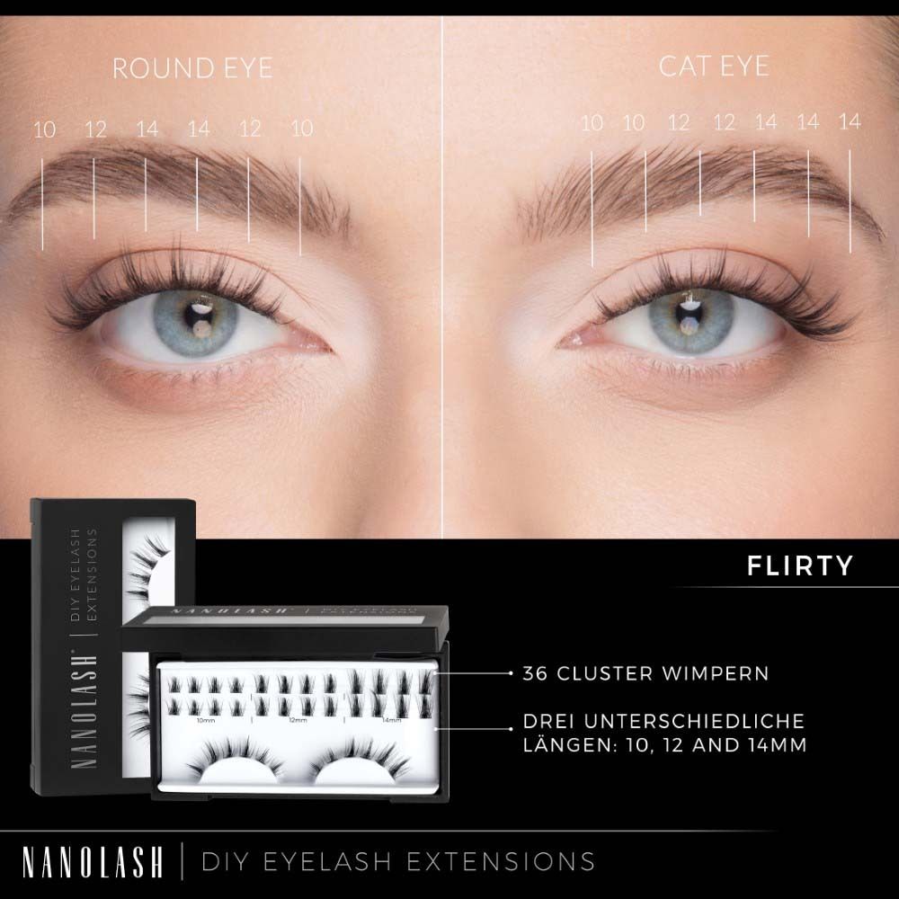 Gros plan sur les yeux avec extensions de cils. Différentes longueurs et formes. Nom du produit NANOLASH et DIY EYELASH EXTENSIONS.
