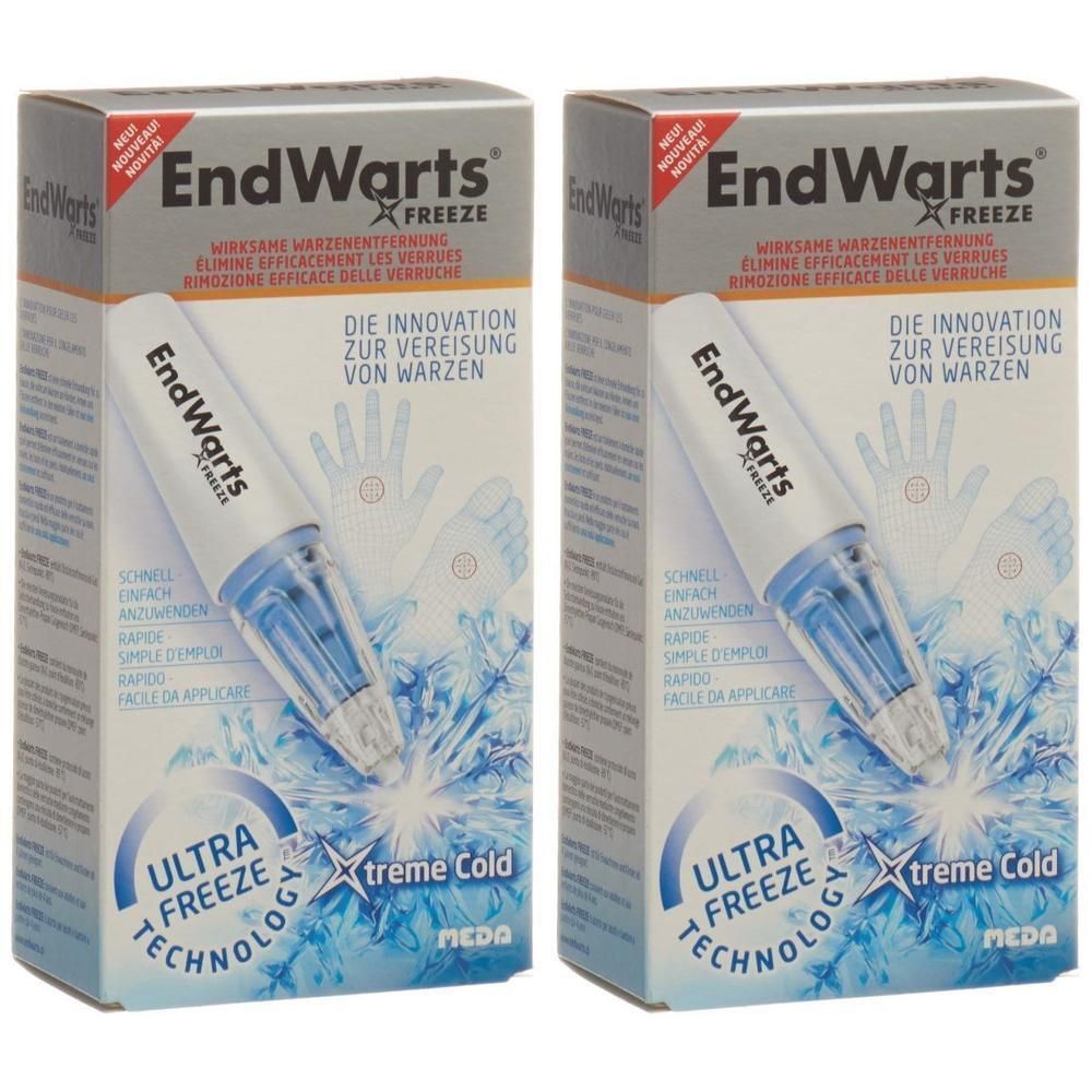 Twee verpakkingen EndWarts FREEZE. Grijze dozen met productafbeelding en tekst. Bevat een applicator.
