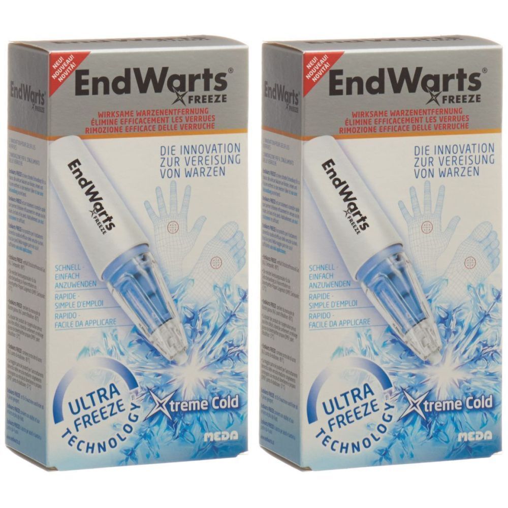 Twee verpakkingen EndWarts FREEZE. Grijze dozen met productafbeelding en tekst. Bevat een applicator.