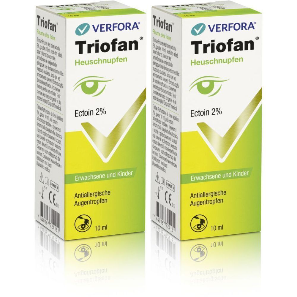 Twee dozen oogdruppels. Opschrift: Triofan Heuschnupfen, Ectoin 2%, voor volwassenen en kinderen. 10 ml.