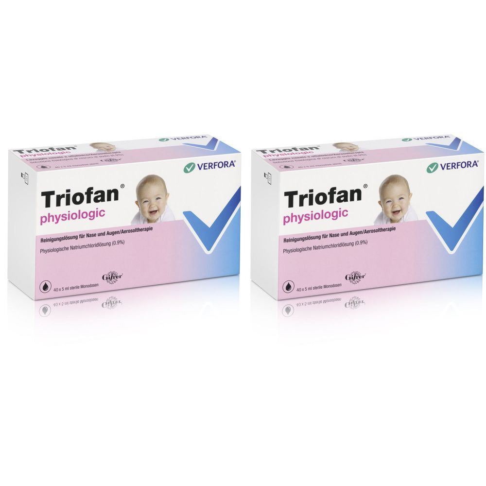 Twee dozen TrioFan physiologic. Opdruk: baby, logo, productnaam, reinigingsoplossing voor neus en ogen, 0,9%.