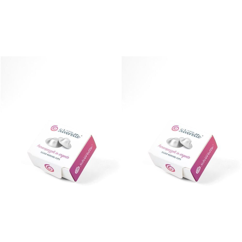 Twee dozen zilveren borstschelpen. Opdruk: logo en tekst "Silverette". Roze en witte verpakking.