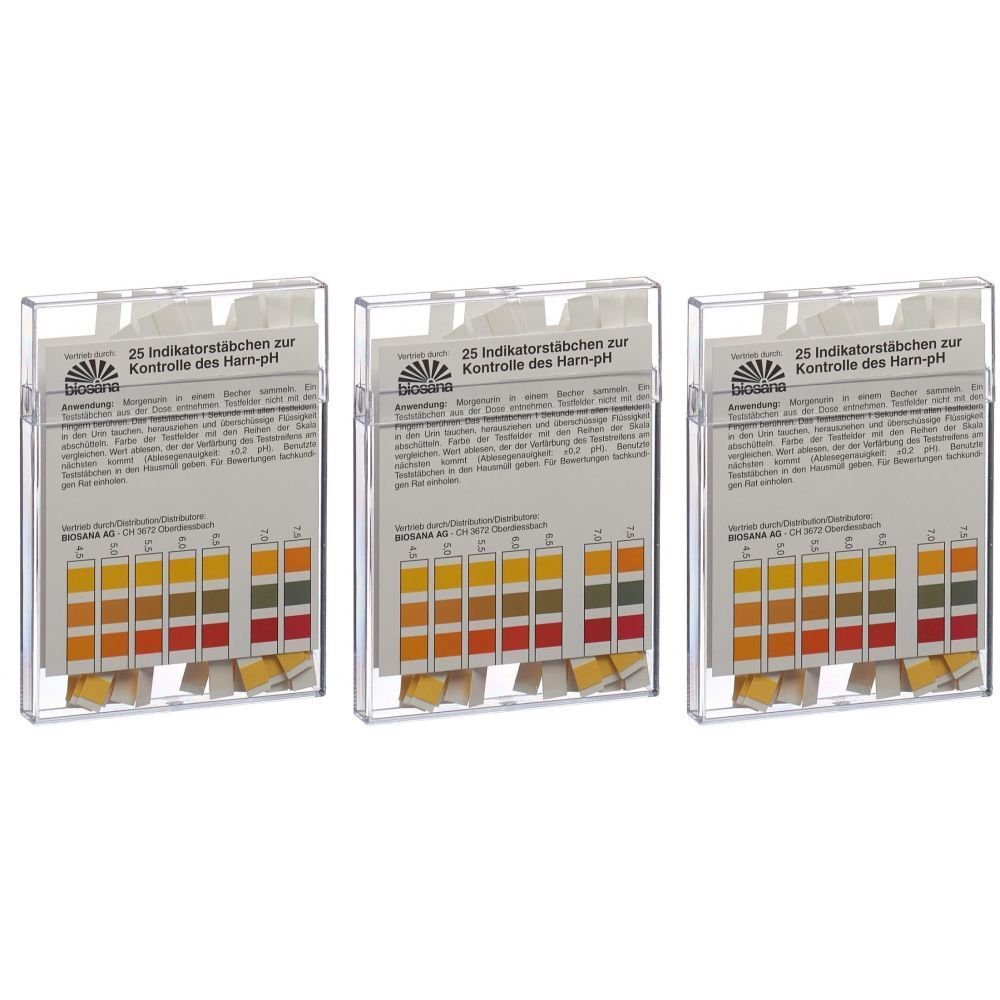 Trois boîtes de test pH urinaire BIOSANA. Chaque boîte contient 25 bandelettes. Sur les boîtes, on lit "25 Indikatorstäbchen zur Kontrolle des Harn-pH".