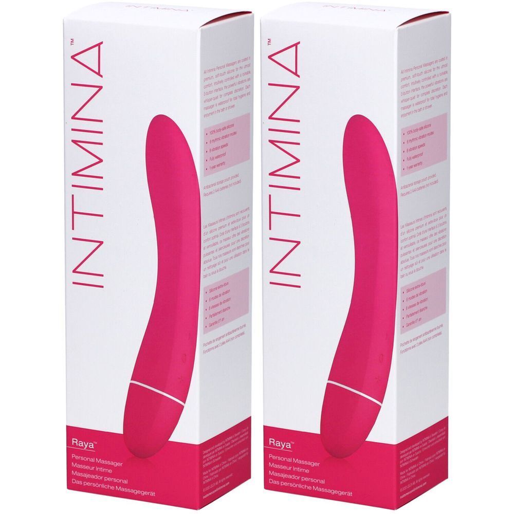 Twee dozen met een roze massageapparaat. Op de dozen staat "INTIMINA" en "Raya". 