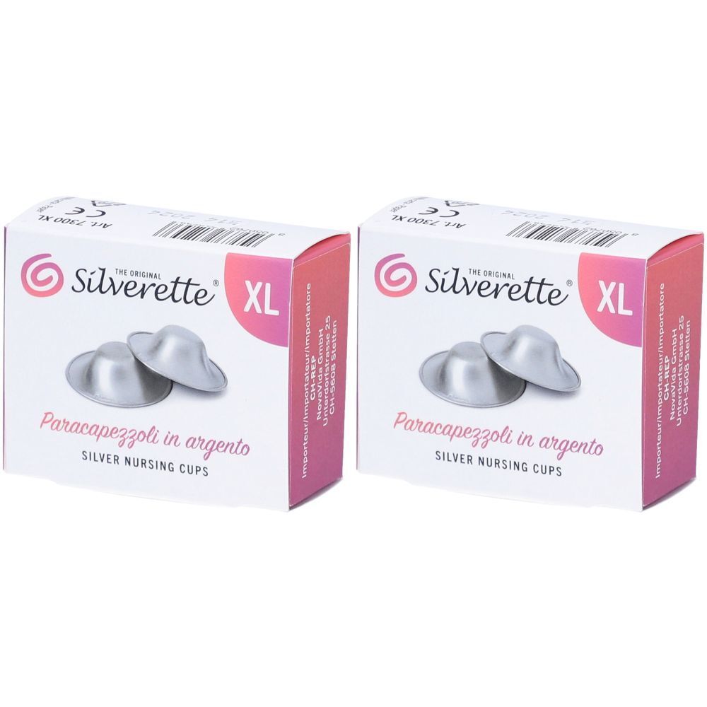 Twee dozen met borstschelpen. Opschrift: Silverette XL, Paracapezzoli in argento, SILVER NURSING CUPS.