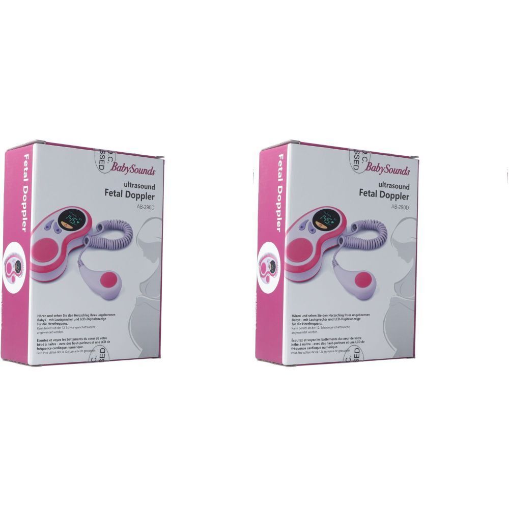 Twee verpakkingen van de BabySounds ultrasone foetale doppler. Roze-witte dozen met productafbeelding en tekst.