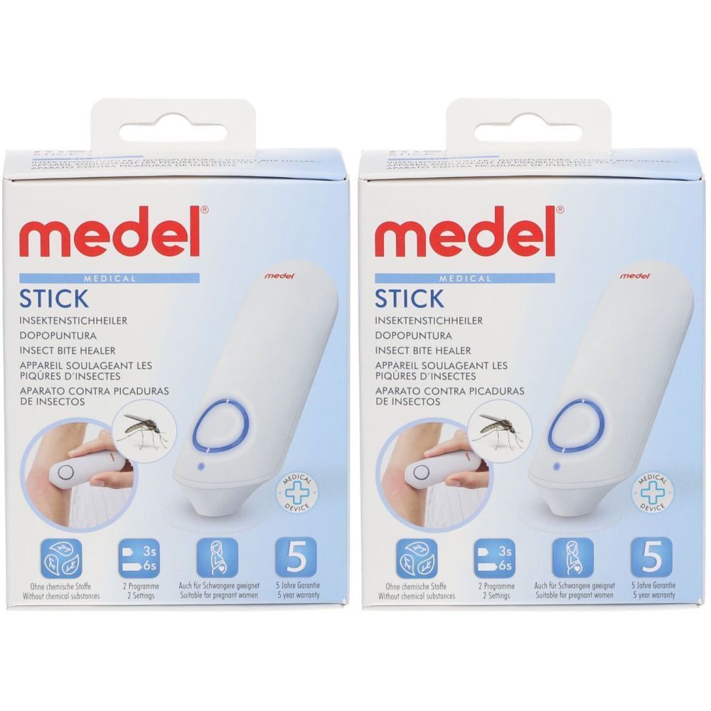 Twee verpakkingen van MEDEL Stick. Witte pennen met blauwe cirkel. Opschrift: Insect Bite Healer. Verpakking met productafbeelding en logo's.