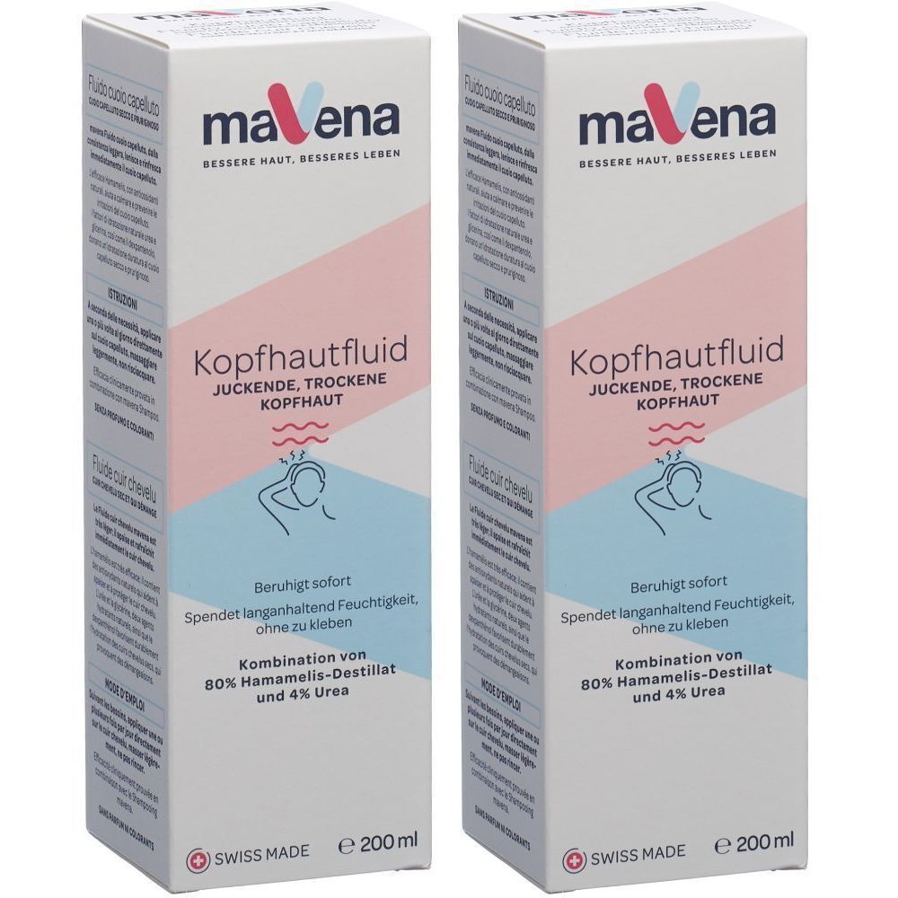 Deux boîtes rectangulaires avec le logo "maena". Texte : "Kopfhautfluid", "Cuir chevelu sec et qui démange". Contient 200 ml. "Swiss Made".