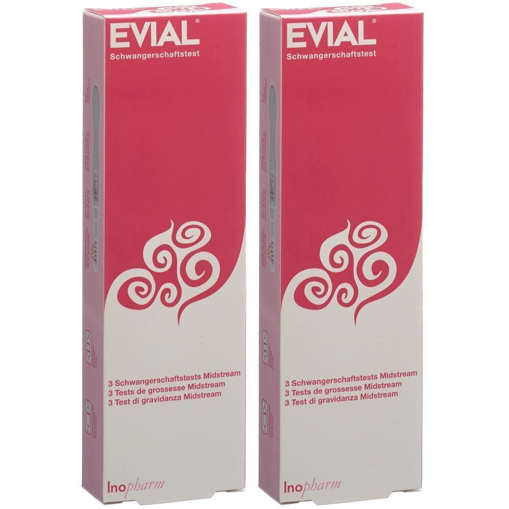 Twee rechthoekige verpakkingen van EVIAL zwangerschapstest. Rode voorkant met wit patroon en tekst.