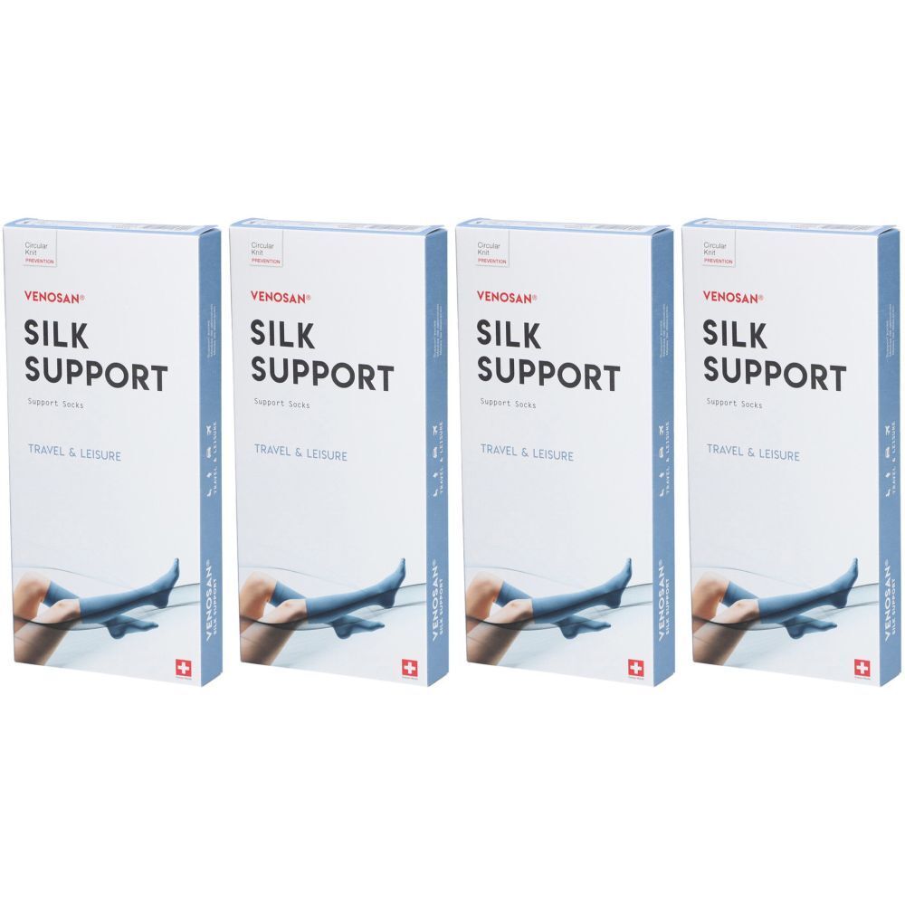 Vier verpakkingen VENOSAN SILK SUPPORT reissokken. Opschrift: SILK SUPPORT, TRAVEL & LEISURE. Zwitsers kruis.