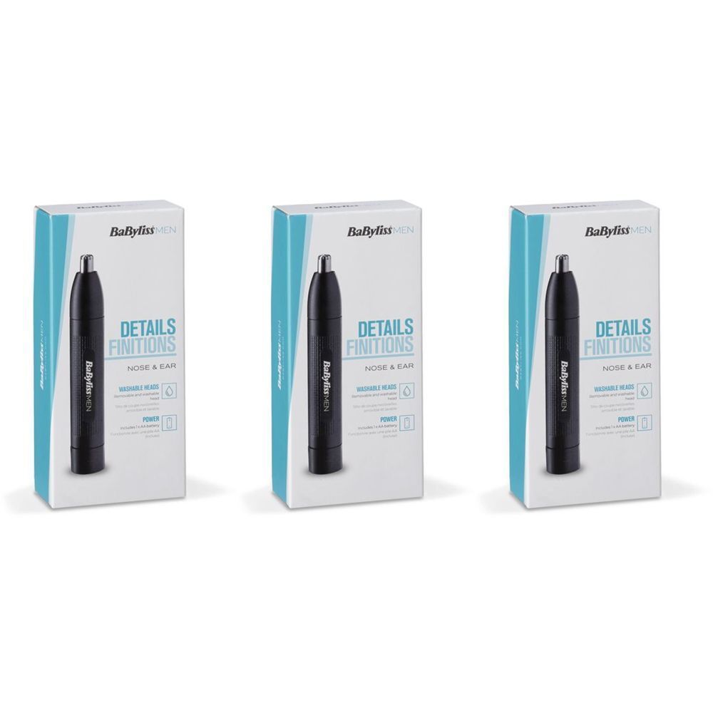 Drie verpakkingen van de BaByliss E650E. Zwart apparaat op witte achtergrond met blauwe accentkleur. Details Finitions.