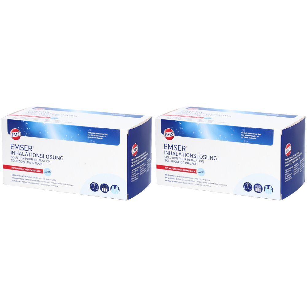 Twee witte dozen met blauwe en rode tekst. Opschrift: EMSER Inhalatieoplossing. Logo's en productnamen.